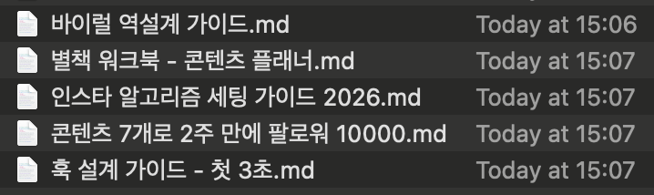 구매 시 받는 PDF 5개: 본편 콘텐츠 7개로 2주 만에 팔로워 10000, 부록A 바이럴 역설계 가이드, 부록B 별책 워크북 콘텐츠 플래너, 부록C 인스타 알고리즘 세팅 가이드 2026, 부록D 첫 3초 훅 설계 가이드